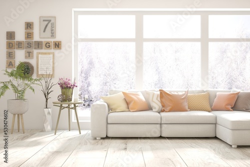 Wallpaper Mural Modern living room in white color with sofa and winter landscape in window. Scandinavian interior design. 3D illustration Torontodigital.ca