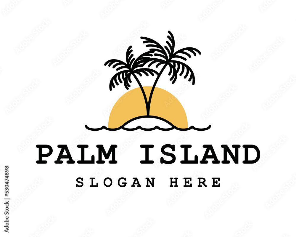 Palm island with sunset or sunrise sign symbol icon logo vector