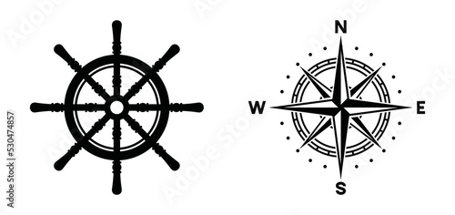 Steering wheel and compass symbol icon vector. Ship or boat wheel with wind direction at sea with compass illustration silhouette logo vector