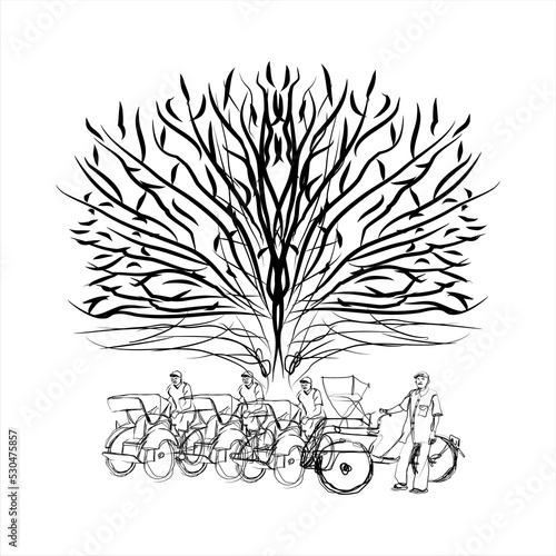 Illustration of a rickshaw puller under a tree