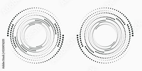 Halftone logo set. Circular dotted logo isolated on the white background. Garment fabric design set. Halftone circle dots texture, pattern, background. Vector design element. Vector illustrations.