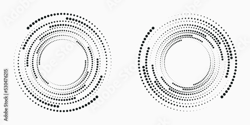 Halftone logo set. Circular dotted logo isolated on the white background. Garment fabric design set. Halftone circle dots texture  pattern  background. Vector design element. Vector illustrations.