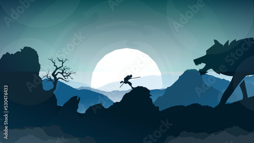 samurai running to attack. samurai boy. the battle of the samurai with the wolf monster. illustration of a samurai boy going to war.