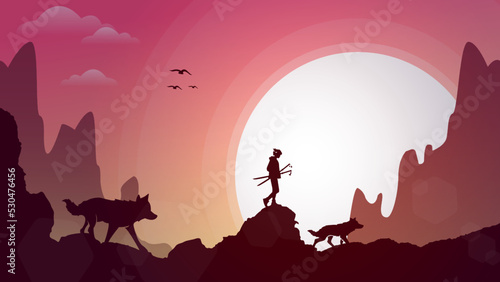 samurai wallpaper. samurai boy anime wallpaper. samurai boy walking with wolves. illustration of a samurai boy going to war. silhouette of a person in the night.
