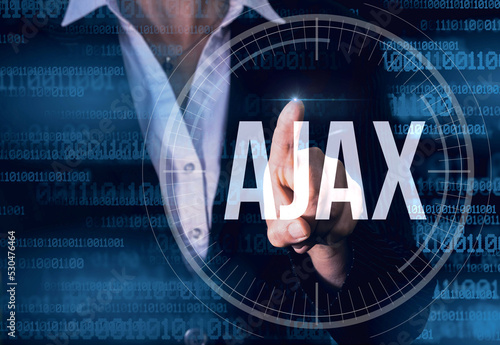 Business Woman with finger pressing ajax button on virtual screens. Modern technology concept
