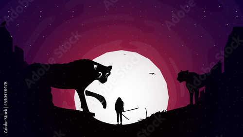 samurai girl versus tiger monster illustration. fighting female samurai background. female samurai holding sword to attack. Woman Warrior Under Moon Night and Dark Day. Female Japanese warrior.