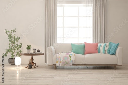 Modern living room in white color with sofa. Scandinavian interior design. 3D illustration
