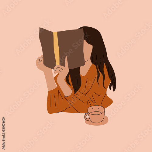 Girl reads a book in a cafe. Read more books concept. Hand drawn Vector trendy illustration. Pastel colors