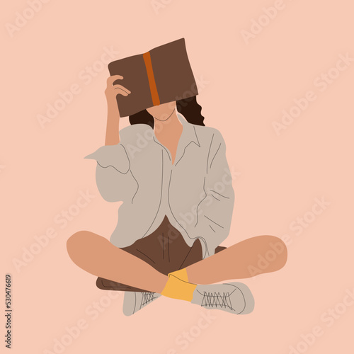 Girl reading a big Book . Young woman. Read more books concept. Hand drawn Vector trendy illustration. Pastel colors