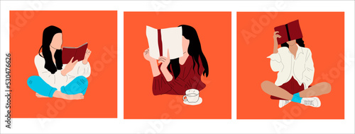 Set of three Girls that are reading Books while standing. Young women. Read more books concept. Hand drawn Vector isolated trendy illustrations 