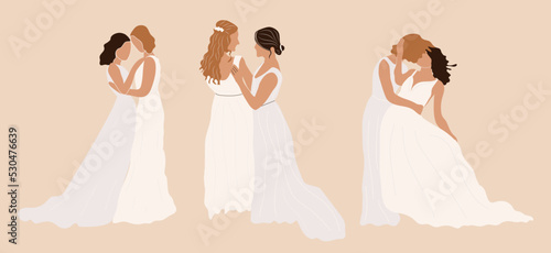 Set of lesbian and gay newlywed couples vector flat illustration. Collection of cute lgbt wedding ceremonies isolated on white.