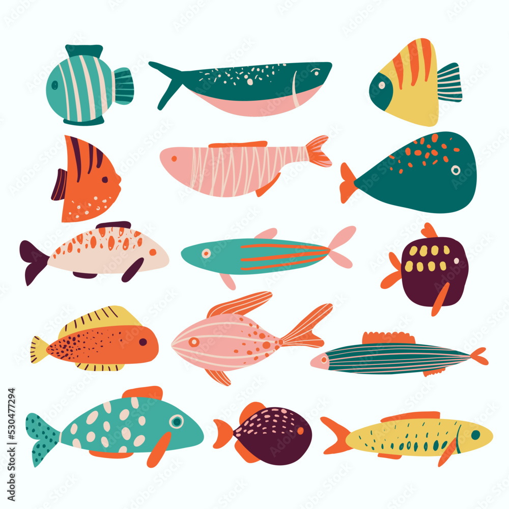 Collection of vector hand drawn cute fishes in flat style. Fishes body, vector icons, big set. Vector illustration for icon, logo, print, icon, card, emblem, label. Aquarium. Collection of vector hand drawn cute fishes in flat style. Fishes body, vector icons, big set. Vector illustration for icon, logo, print, icon, card, emblem, label. Aquarium.