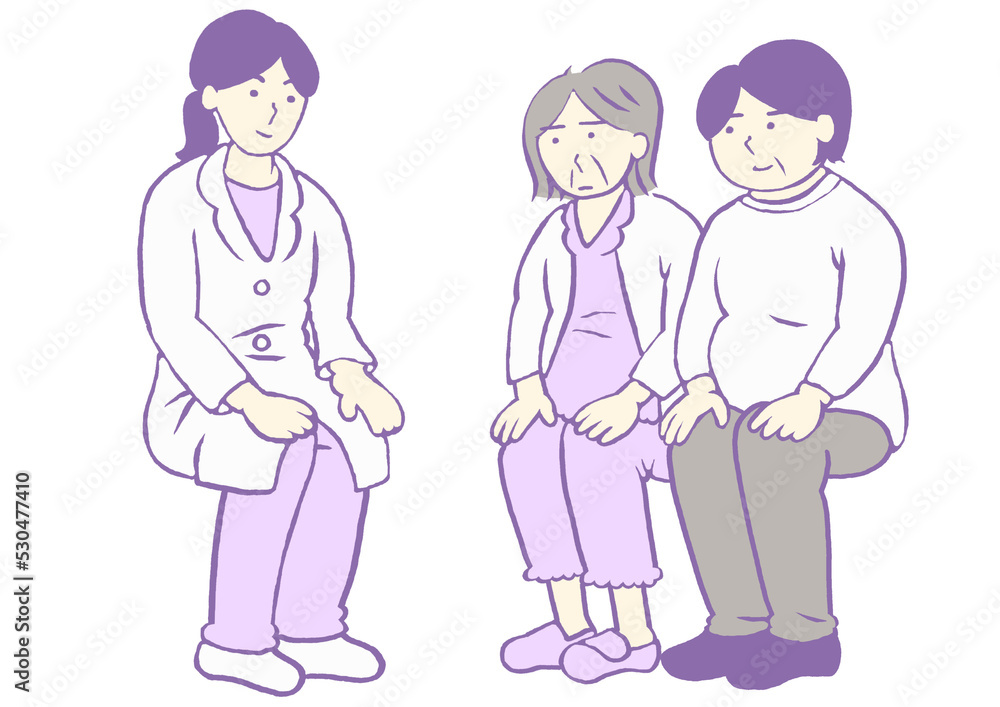 精神科診察 重度認知症の女性と家族のイラスト 精神科診察 重度認知症の女性と家族のイラスト