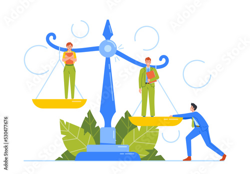 Discrimination In Corporation, Inequality and Imbalance Concept. Male and Female Characters Stand on Scales