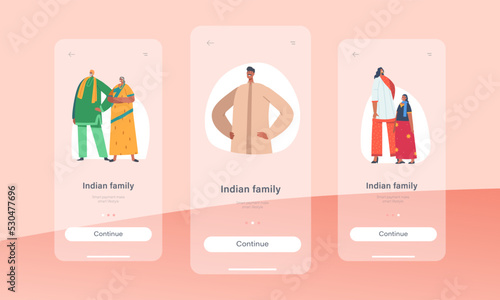 Indian Family Mobile App Page Onboard Screen Template. Young and Old Male and Female Characters Parents, Grandparents