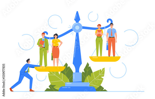 Unjust Advantage, Inequality, Discrimination, Fairness at Work and Career Ladder. Business Characters Stand on Scales