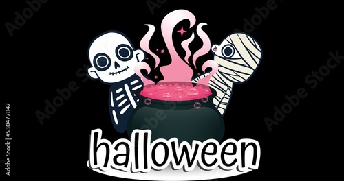 Composition of halloween text over icons on black background