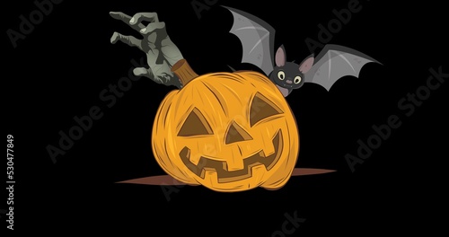 Composition of pumpkin and bat icons on black background