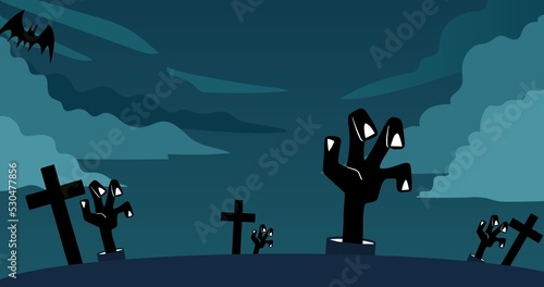 Composition of zombie hands icons over sky with clouds