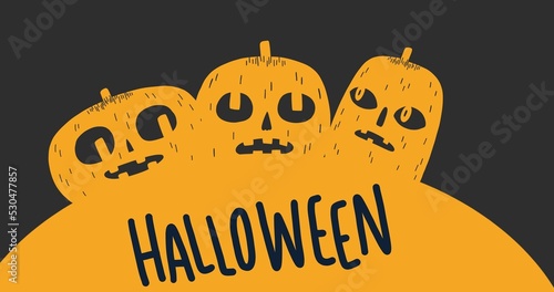 Composition of halloween text over pumpkin icons on black background