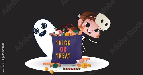 Composition of trick or treat text over icons on black background