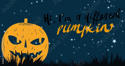 Composition of hi, i'm a different pumpkin text over pumpkin and sky with stars