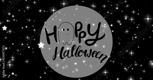 Composition of happy halloween text over sky with stars