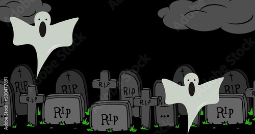 Composition of graveyard and ghost icons on black background