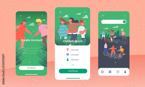 Childish Sports Mobile App Page Onboard Screen Template. Children Boys and Girls Characters Play Hopscotch Game