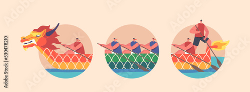 People on Dragon Boats, Canoeing or Rafting Sport Isolated Round Icons or Avatars. Sportsmen Rowing in Kayaks
