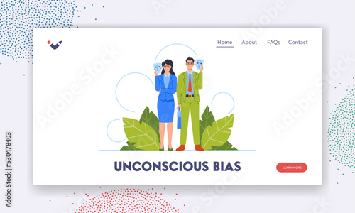 Unconscious Bias Landing Page Template. Anonymous Man and Woman in Formal Suits Holding Masks. Hypocrisy, Dishonesty