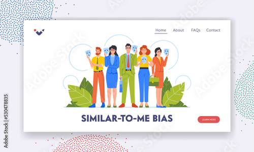 Bias People Landing Page Template. Business Characters Hiding Faces Behind Social Masks With Fake Emotions
