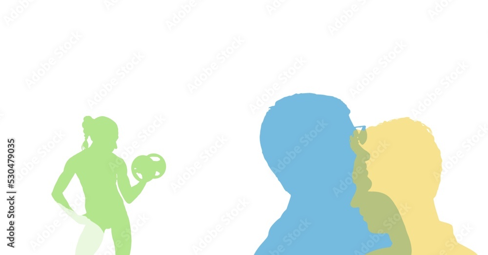 Silhouette of fit woman working out and silhouettes of men with copy space on white background Silhouette of fit woman working out and silhouettes of men with copy space on white background