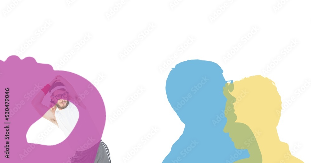 Caucasian fit man exercising and silhouettes of men with copy space on white background Caucasian fit man exercising and silhouettes of men with copy space on white background