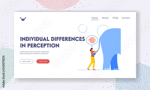 Individual Differences in Perceptions Landing Page Template. Blindfolded Woman Touch An Elephant Tail, Blind Character