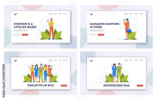 Bias People Landing Page Template Set. Business Characters Hiding Faces Behind Social Masks With Fake Emotions
