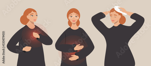 vector illustration in flat style - three women are in pain. chest pain, abdominal pain and headache
