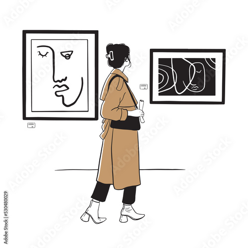 Hand drawn ink Woman in museum looking at a painting art gallery collection