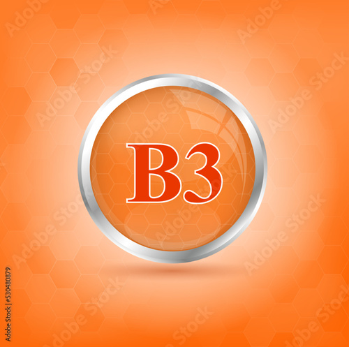 Vitamin B3 icon structure orange substance. Personal care, beauty concept. Medicine health symbol of thiamine. Drug business concept. 3D Vitamin complex with chemical formula. Vector Illustration.