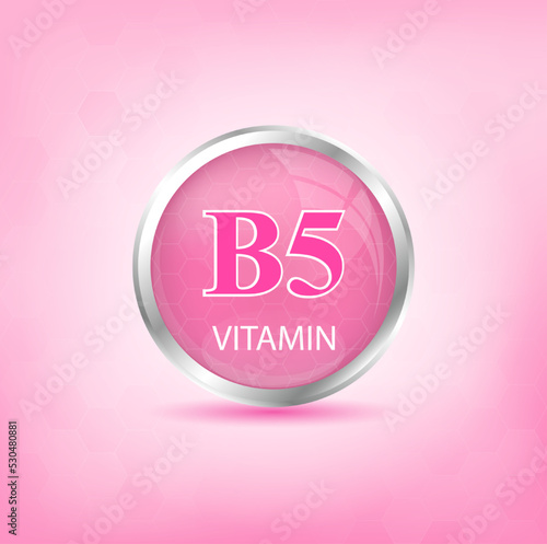 Vitamin B5 icon structure pink substance. Personal care, beauty concept. Medicine health symbol of thiamine. Drug business concept. Vector Illustration. 3D Vitamin complex with chemical formula.