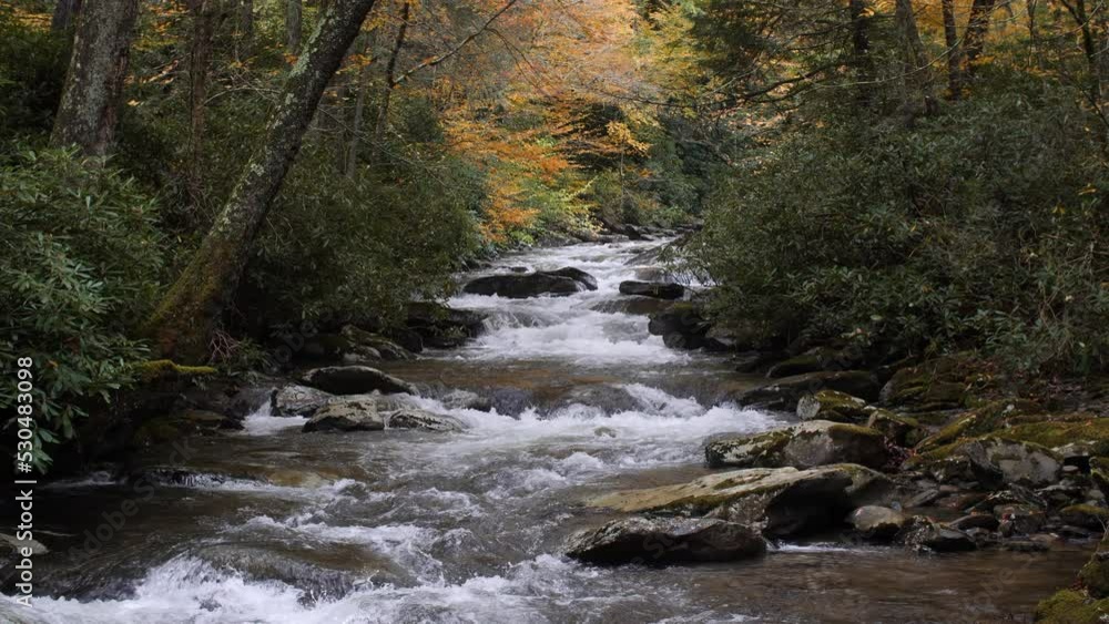 Stream of water cascading down an Autumn mountain forest in Tennessee in the Great Smoky Mountains Stream of water cascading down an Autumn mountain forest in Tennessee in the Great Smoky Mountains
