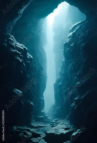 Dark gloomy cave with sunrays, fantasy background, phone wallpaper, gaming background, digital illustration, Generative AI