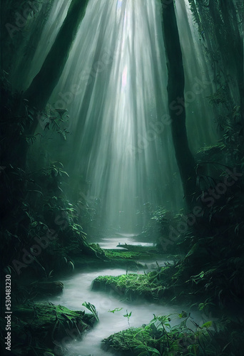 Sun shining through the forest, Gloomy Fantasy Forest River, fantasy background, phone wallpaper, gaming background, digital illustration