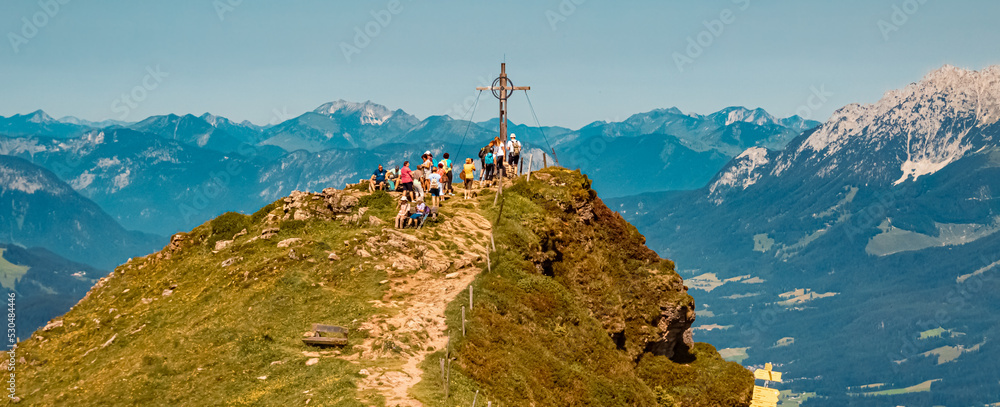 Beautiful alpine summer view at the famous Kitzbueheler Horn summit, Kitzbuehel, Tyrol, Austria - obrazy, fototapety, plakaty 