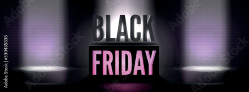 Black friday modern neon light box with podium spotlights for seasonal clearance promotional poster design. discount offer wide vector banner template. Year biggest sale, traditional shopping event.