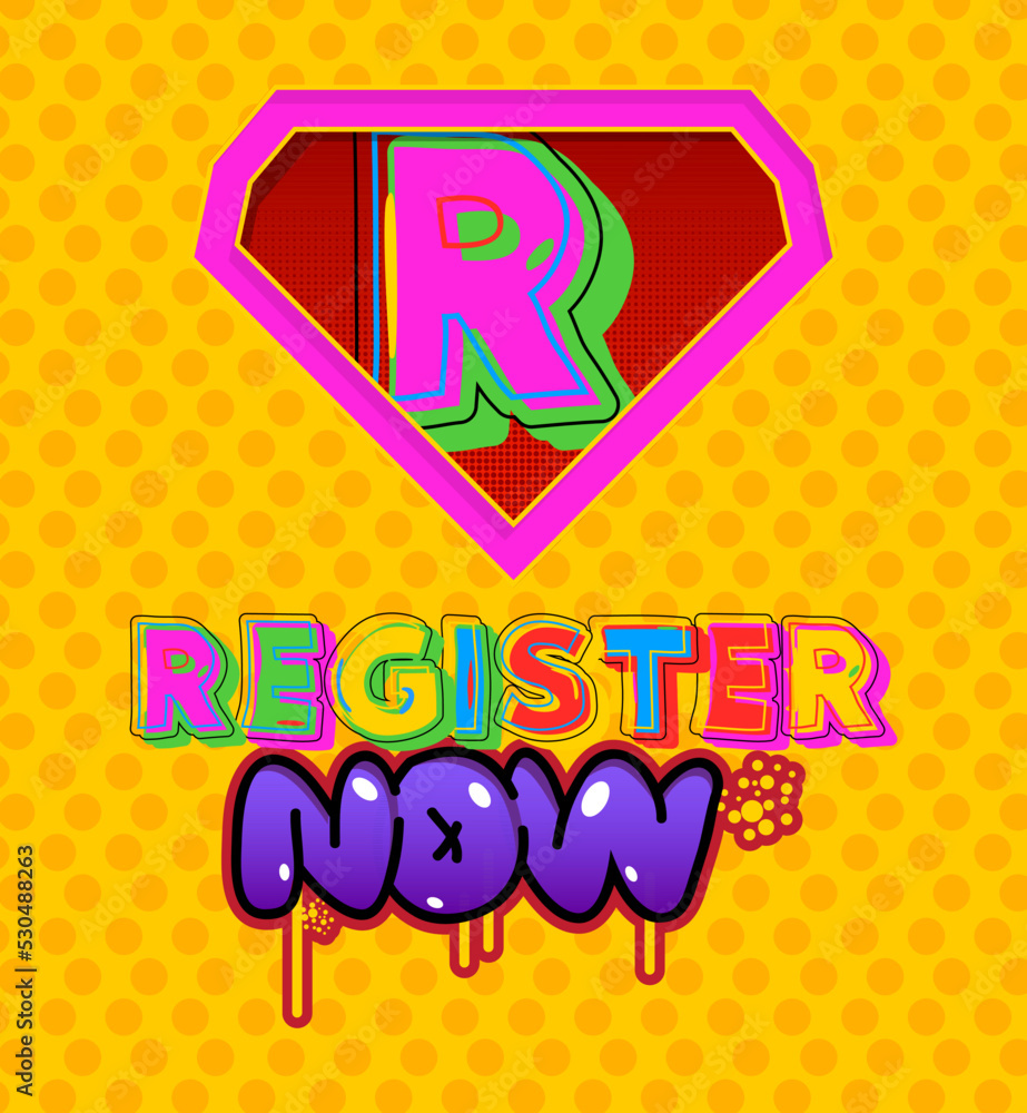 Fototapeta premium Register Now icon. Superhero coat of arms. Colorful comic book style vector illustration.