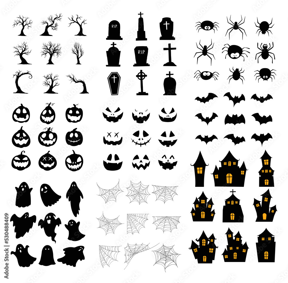 Naklejka premium Halloween silhouette set. Collection of halloween icon and element isolated on white background.