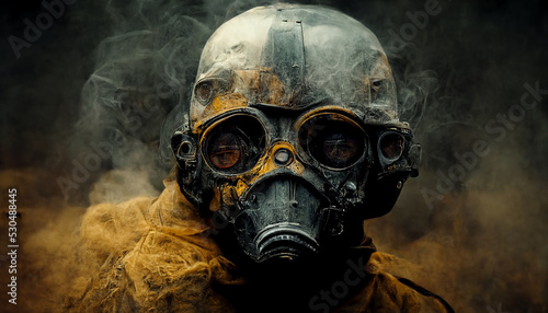 Post apocalyptic survivor in gas mask. Environmental disaster, armageddon concept.Digital art. photo