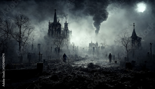 Slika na platnu Night scene with creepy church and ghost