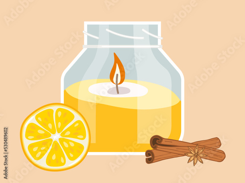 Scented candle. Burning candle in glass jar with spices isolated on orange background. Burning candle. Aromatherapy, relaxation design element. Cozy glowing objects with fire flame. Cozy candles